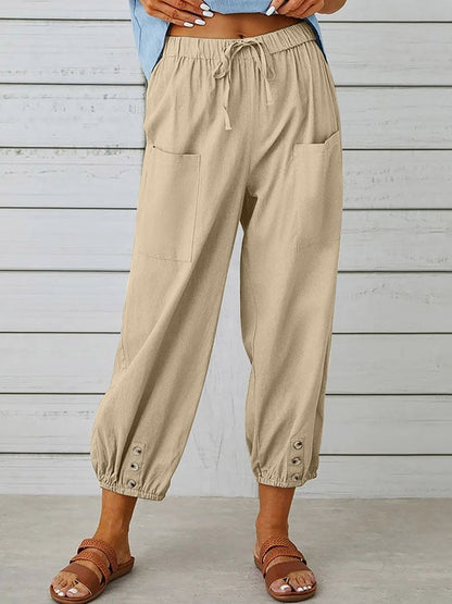 Women's Solid Color Casual With Pocket Buttons Cotton Linen Trousers