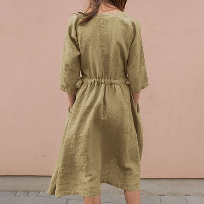 Casual Lace V Neck Cotton Linen Dress