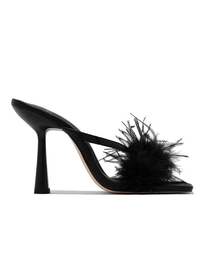 Feather Fur High Heel Mules