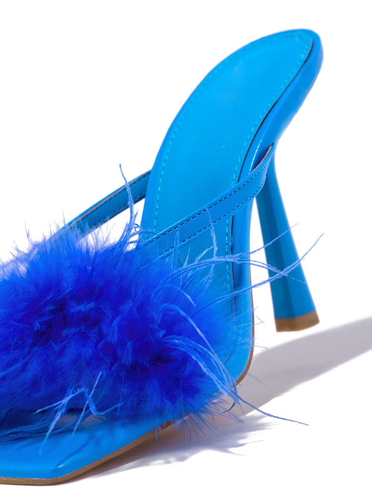 Feather Fur High Heel Mules