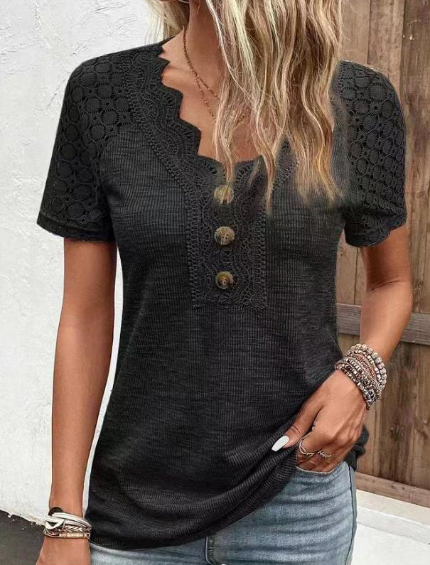 Women's Lace Trim V Neck Loose Button Top