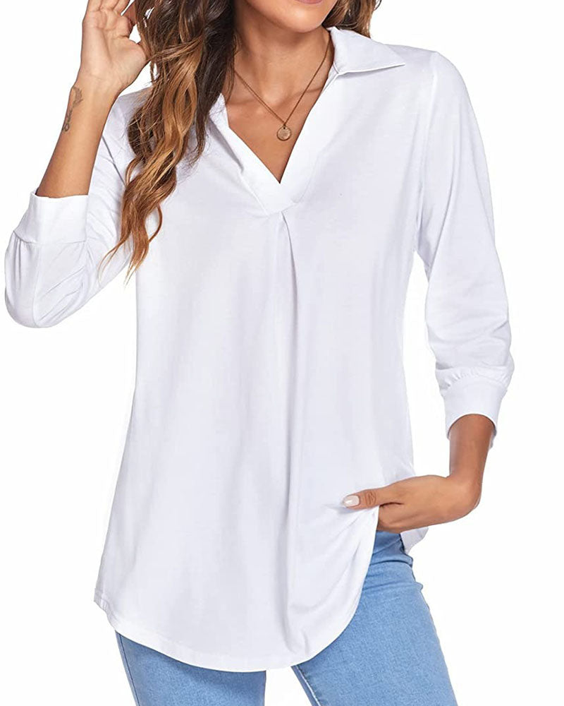 V-neck Top Solid Color Loose-Fitting Large Size Shirt