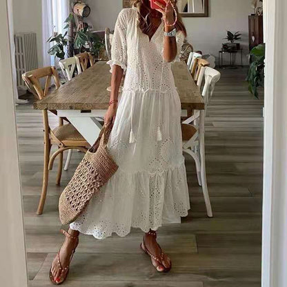 2023 Casual and Sweet V-neck Printed Tassel Midi Dress for Women