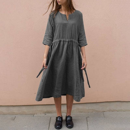 Casual Lace V Neck Cotton Linen Dress