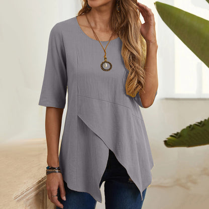 Women's Round Neck Slim-Fit Half Sleeve Cotton Linen T-shirt Top