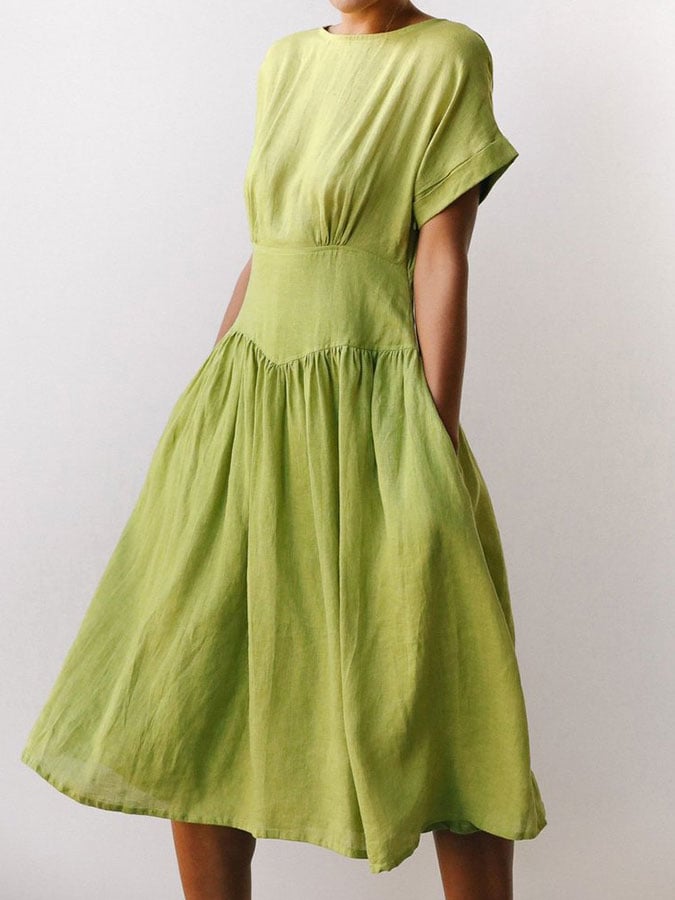 Women's  Linen Grass Green Midi Dress