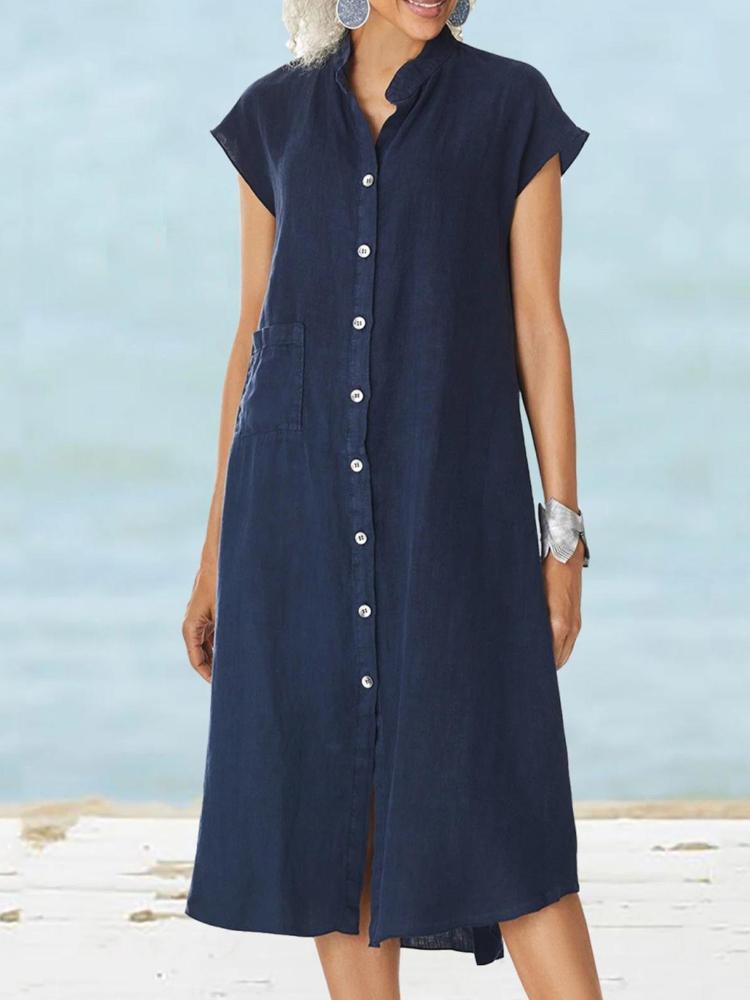 Women's Stand Up Collar Button Down Cotton And Linen Dress With A Pocket