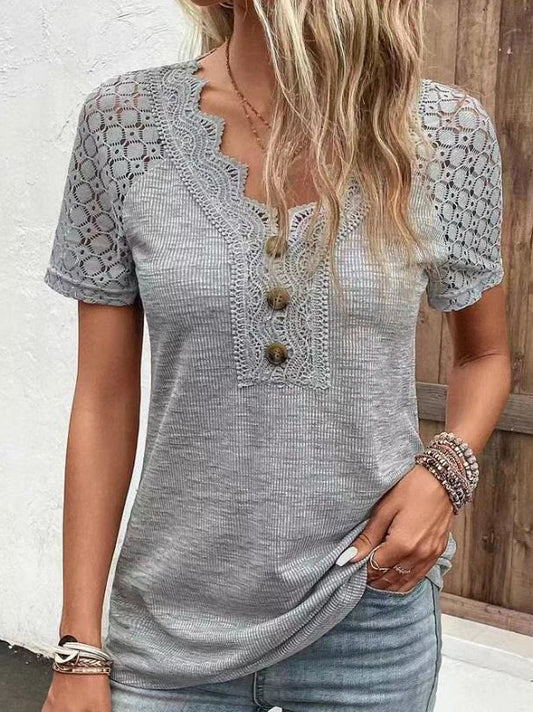 Women's Lace Trim V Neck Loose Button Top