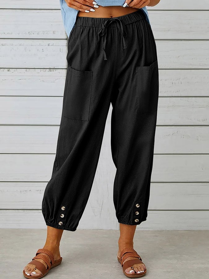 Women's Solid Color Casual With Pocket Buttons Cotton Linen Trousers