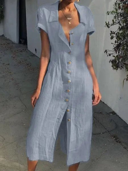 Summer Buttoned Solid Maxi Shirt Dress