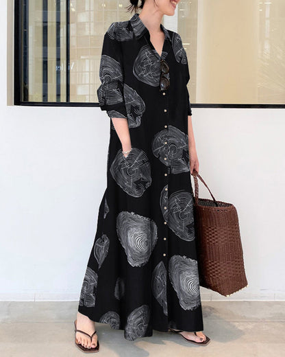 Color Block Long Sleeve Linen Long Dress Printed Contrast Loose Plus Size Maxi Dresses