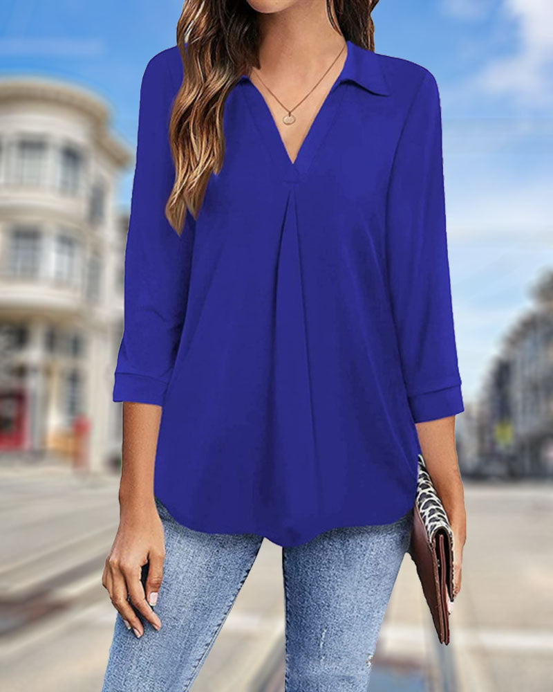 V-neck Top Solid Color Loose-Fitting Large Size Shirt