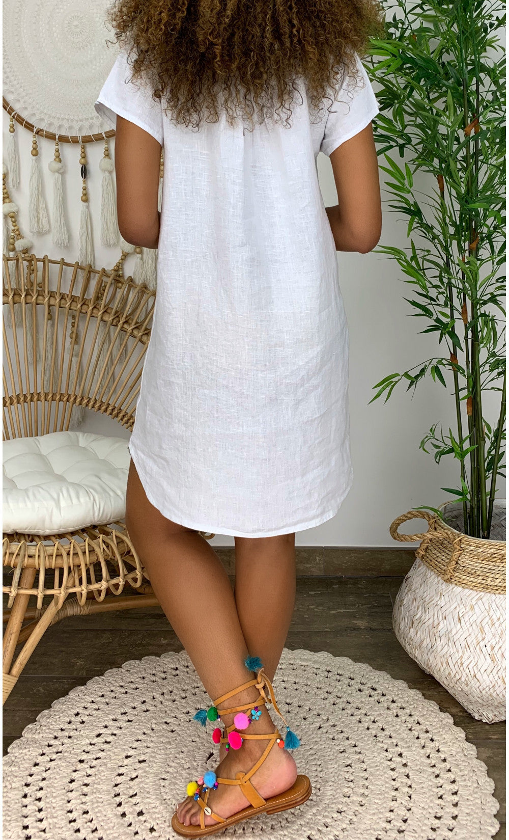 Ladies Cotton Linen Short Sleeve V Neck Dress