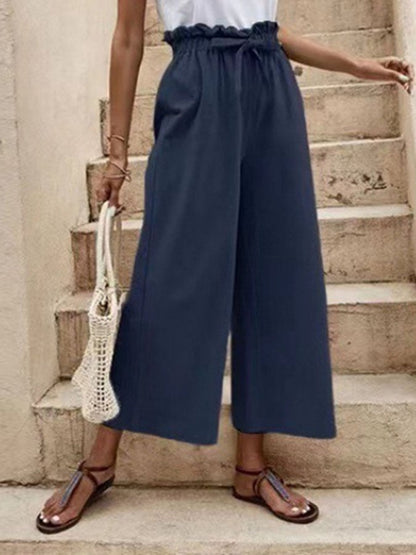 Temperament casual elastic waist cotton hemp belt wide leg pants loose capris