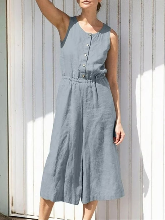 Women's Sleeveless Solid Button Elastic Waist Cotton Linen Wide Leg Jumpsuit