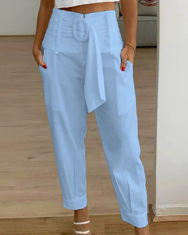 Women's Solid Color Casual Pants with Belt