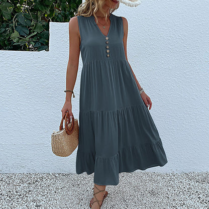 Women's Sleeveless Draped Dress Loose V-neck Mid-Length Dress