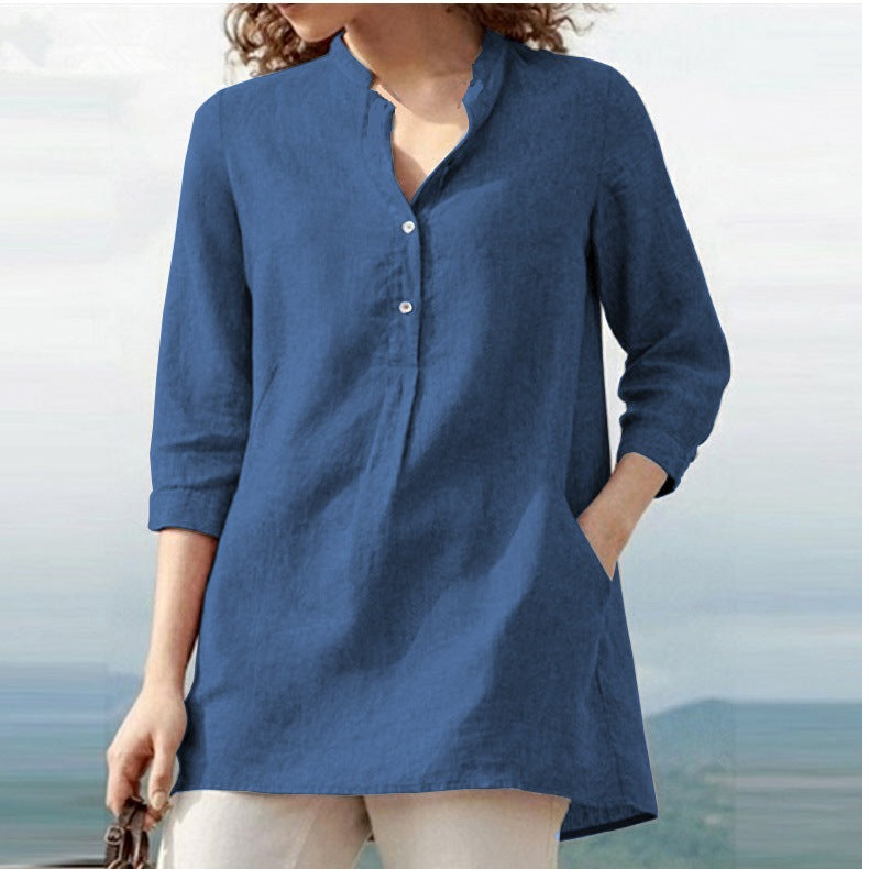 Three-Quarter Sleeve Stand Collar Cotton and Linen Shirt