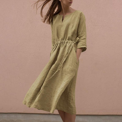 Casual Lace V Neck Cotton Linen Dress