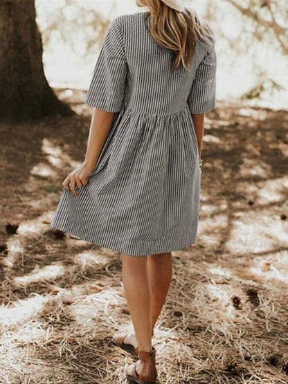 Women's Fashion Casual Cotton Linen Striped Pocket Loose Round Neck Dress