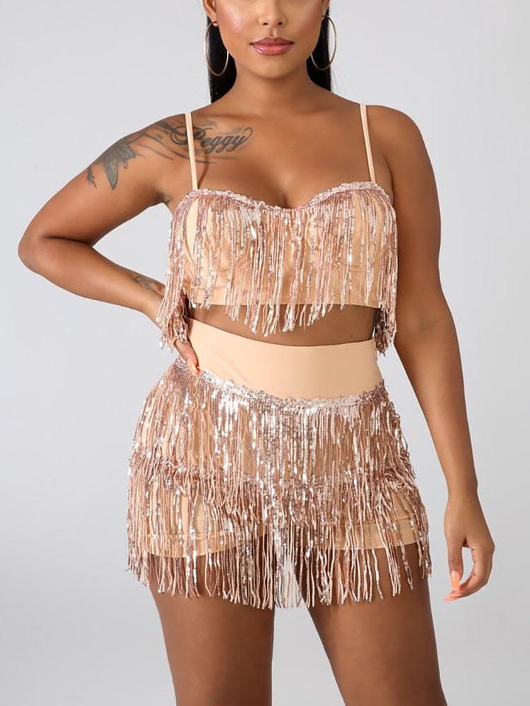 Women's Sequin Tassel Shorts Set