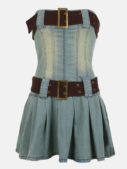 Double Belt Retro Ruched Denim Dress