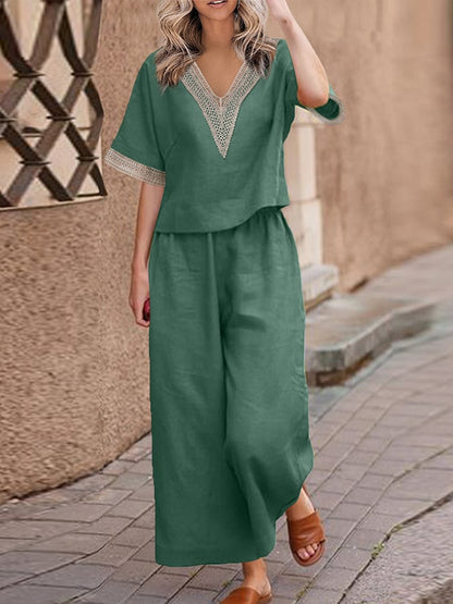 Casual Lace Stitched Loose Shirt Wide Leg Pants Set