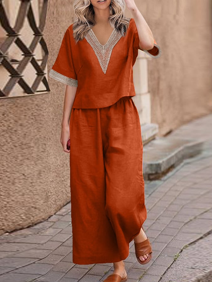 Casual Lace Stitched Loose Shirt Wide Leg Pants Set