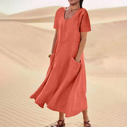 Solid Color Cotton Linen Loose Casual Pocket Dress