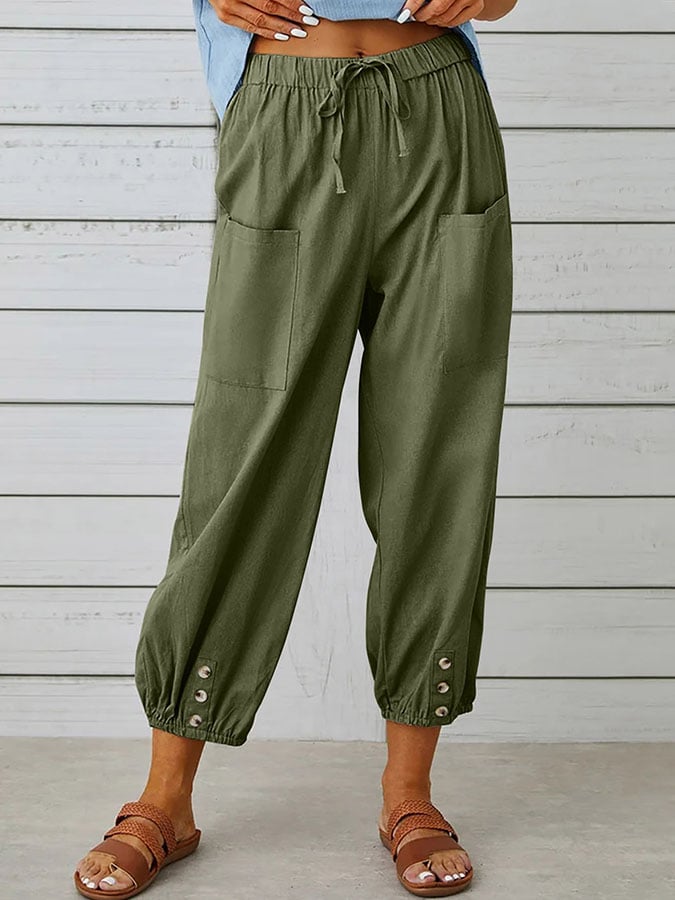 Women's Solid Color Casual With Pocket Buttons Cotton Linen Trousers