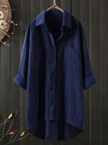 Temperament solid color cotton and linen shirt loose shirt top