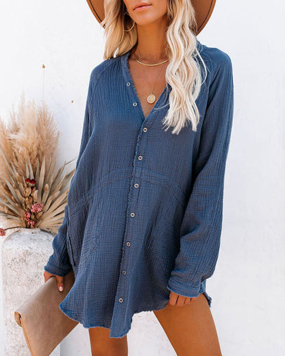 Loose Mid-length Jacket Casual Solid Color Shirt Mini Dress