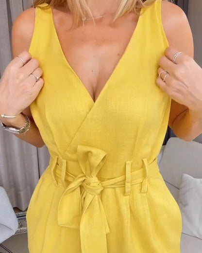 Solid Color Tie V Neck Loose Jumpsuit