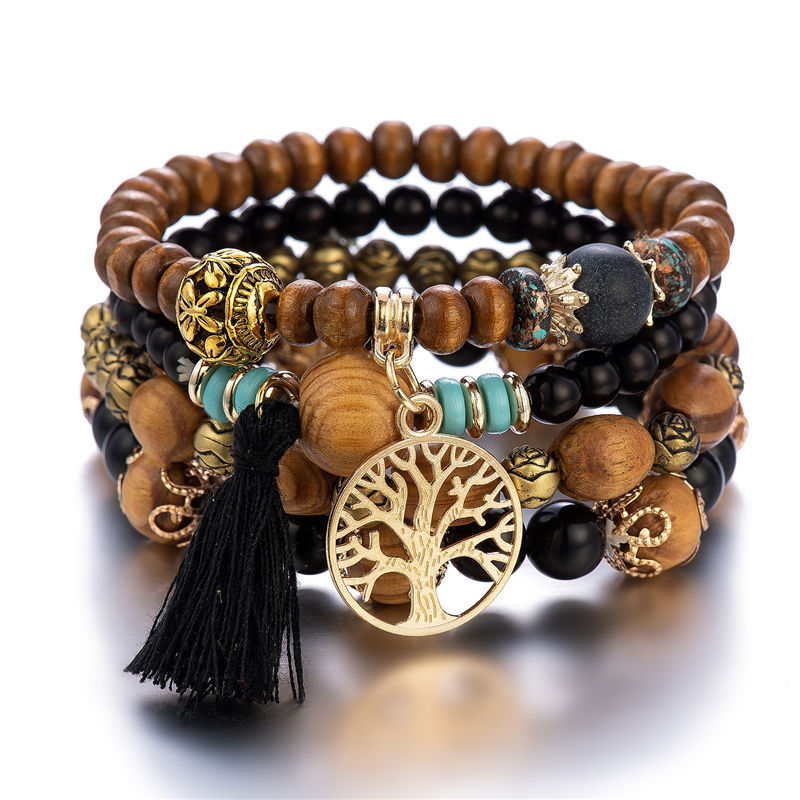 Multi-Layer Wooden Bead Beaded Bracelet Elastic Bracelet