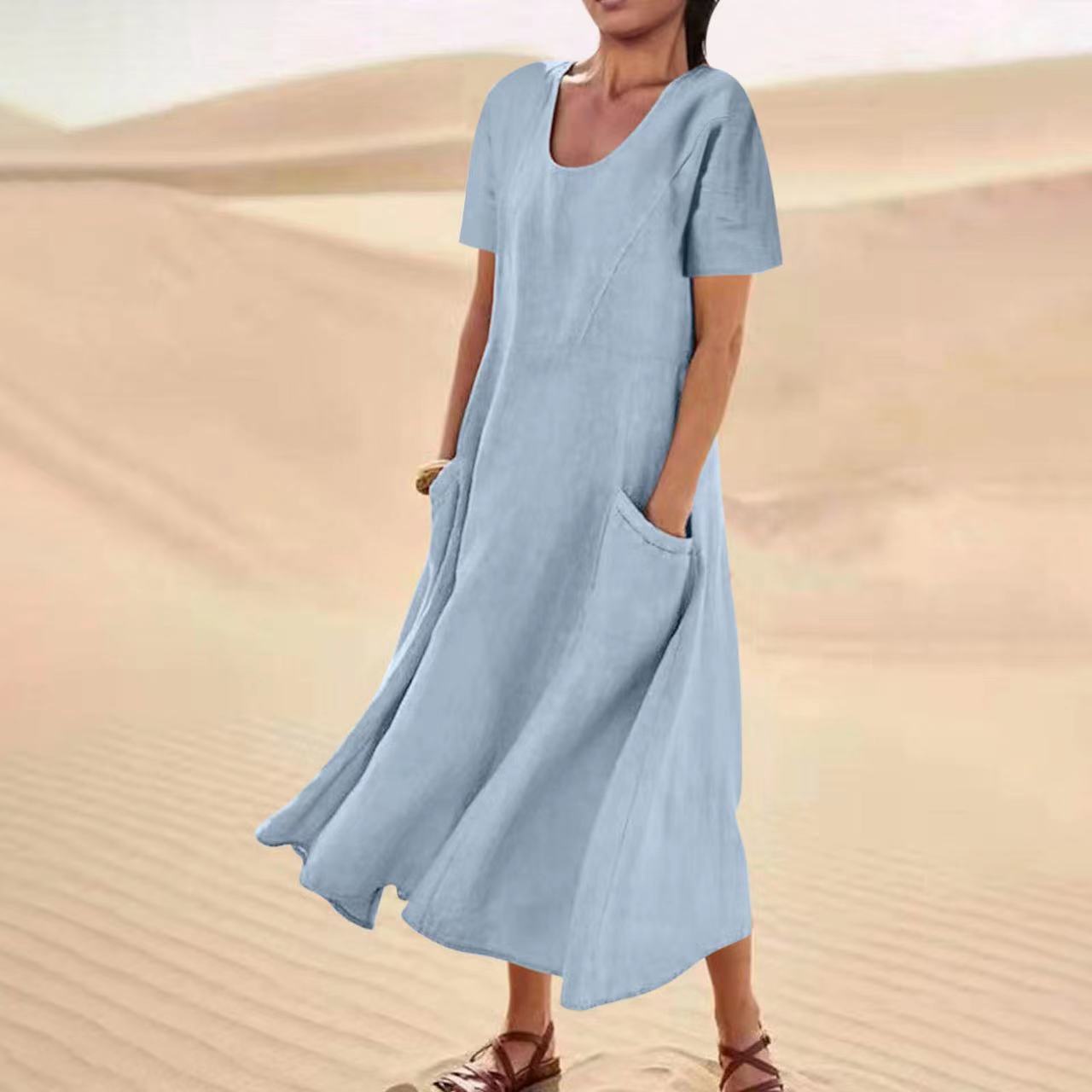 Solid Color Cotton Linen Loose Casual Pocket Dress