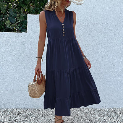 Women's Sleeveless Draped Dress Loose V-neck Mid-Length Dress