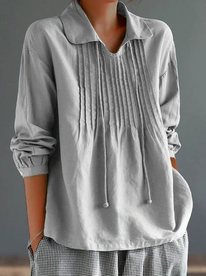 Women's Cotton Lapel Ruffle Tie Long Sleeve Loose Matching Shirt