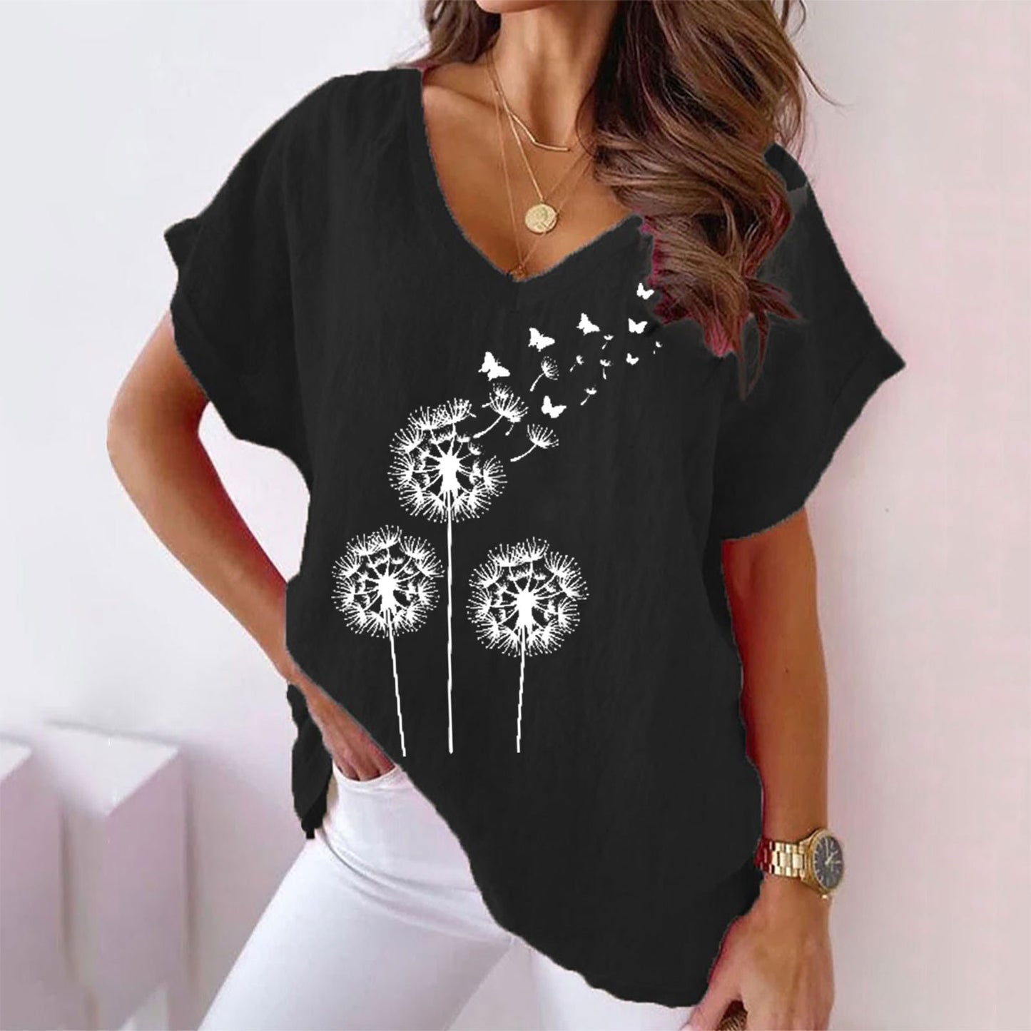 Women's Summer Dandelion Printed V-neck Casual Bat T-shirt