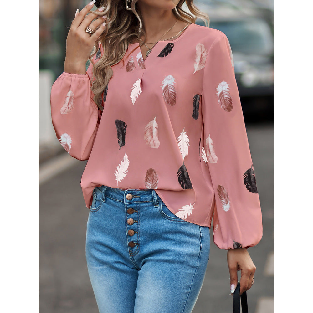 New V-neck Feather Print Long Sleeve Loose T-shirt