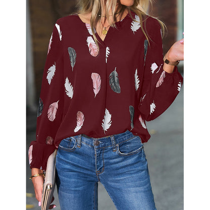 New V-neck Feather Print Long Sleeve Loose T-shirt