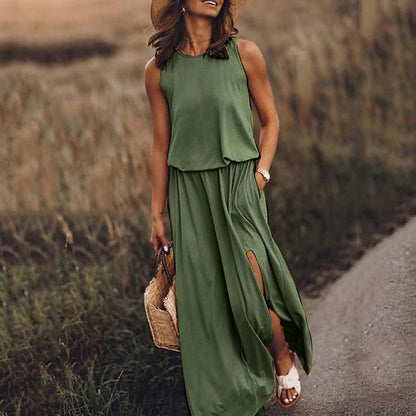 Summer New round Neck Sleeveless Split Dress