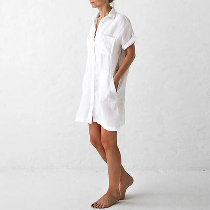 Casual lapel pocket solid color loose cotton and linen dress