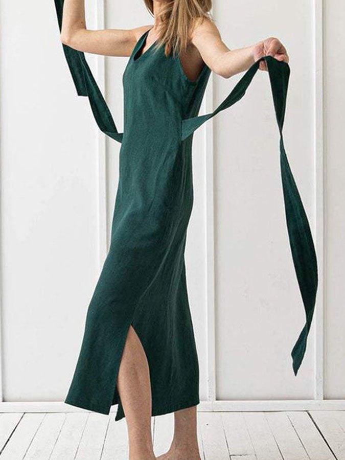 Solid Color Sleeveless V-Neck Tie Dress