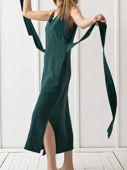 Solid Color Sleeveless V-Neck Tie Dress