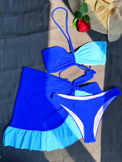 3PCS Colorblock Halter Bikini Set