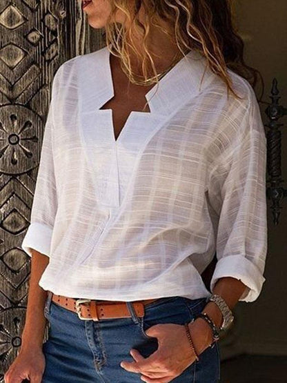 V-neck long sleeve solid color shirt