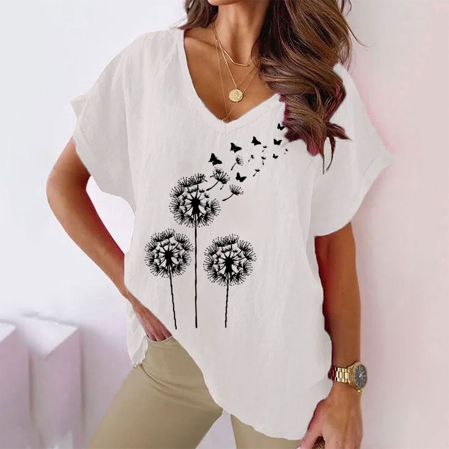 Women's Summer Dandelion Printed V-neck Casual Bat T-shirt