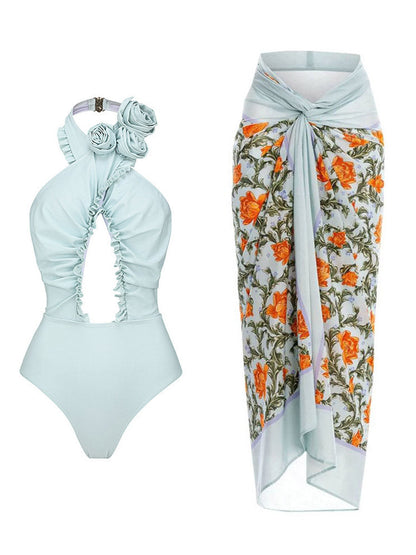 Floral Halter Cutout Swimsuit Set