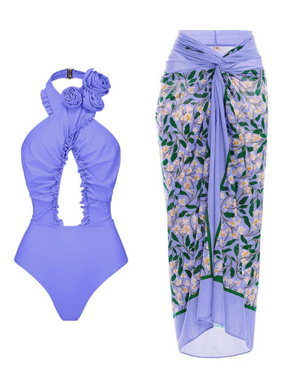 Floral Halter Cutout Swimsuit Set