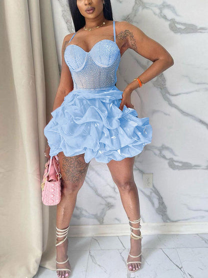 Women's Rhinestone Mesh Ruffle Dress